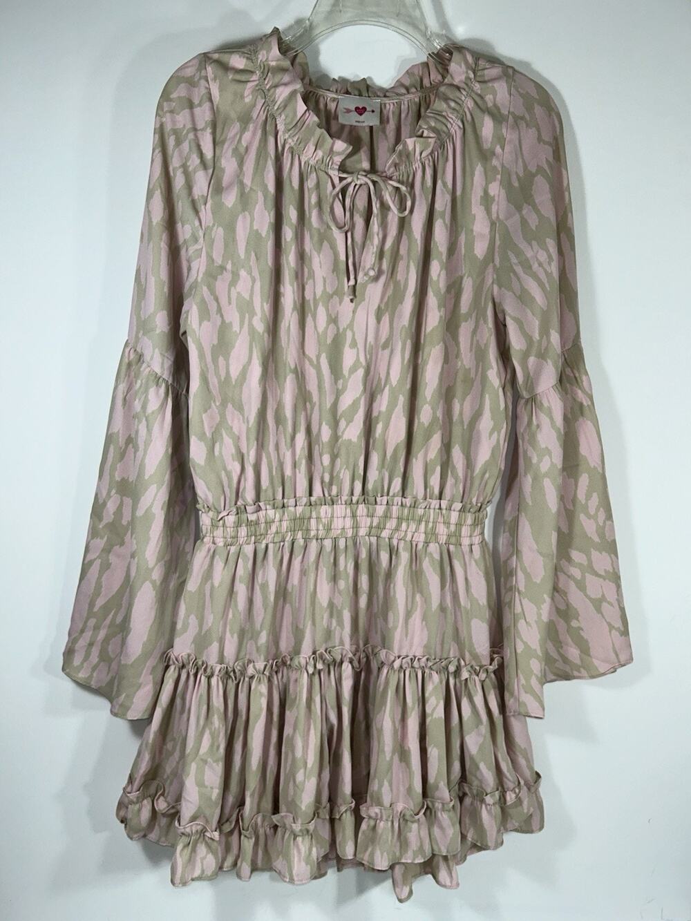 Buddy Love Zozo Pink Tan Animal Print Tiered Ruffle Dress Bell Sleeve Size M